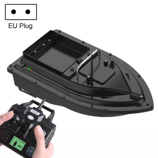 RC bait fishing boat with black hull, GPS antenna, and handheld controller (EU plug).