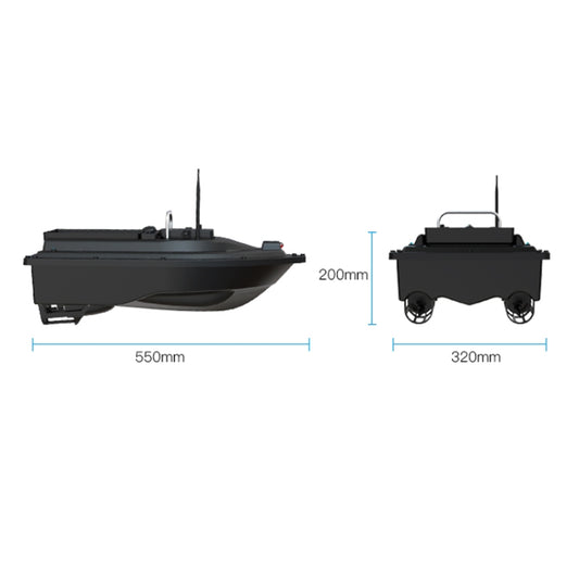 RC bait fishing boat shown from side and front with size measurements.