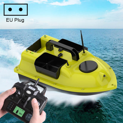 Yellow GPS bait boat with antenna, twin motor mounts, and remote controller