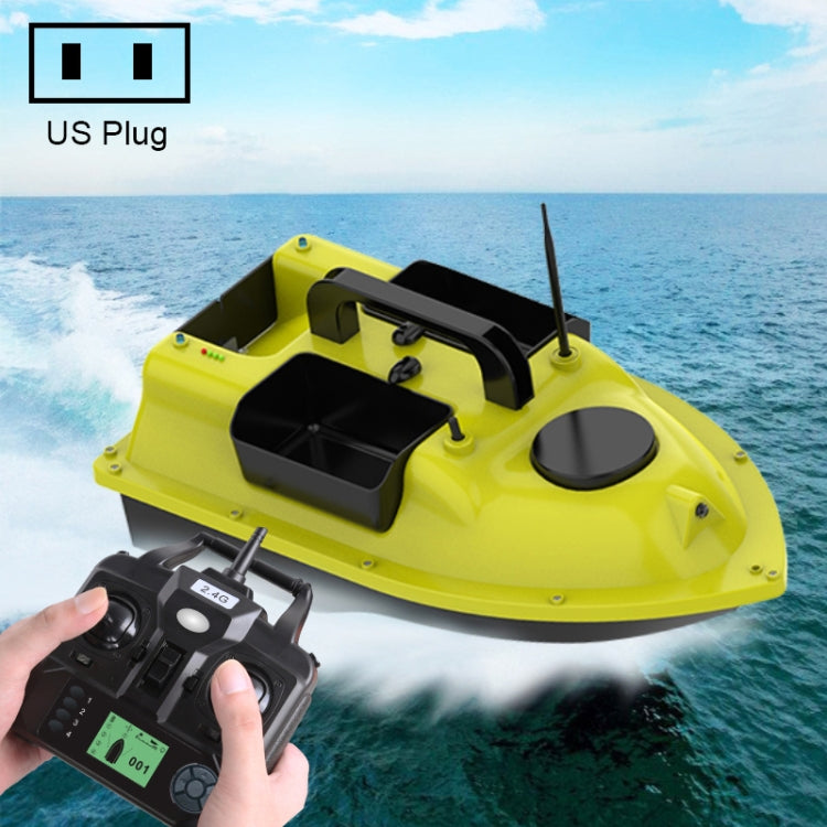 Yellow GPS bait boat with US plug, antenna, twin motor mounts, and remote controller