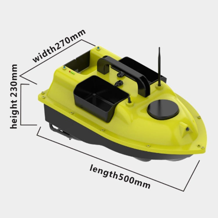Yellow bait boat size diagram with length, width, and height