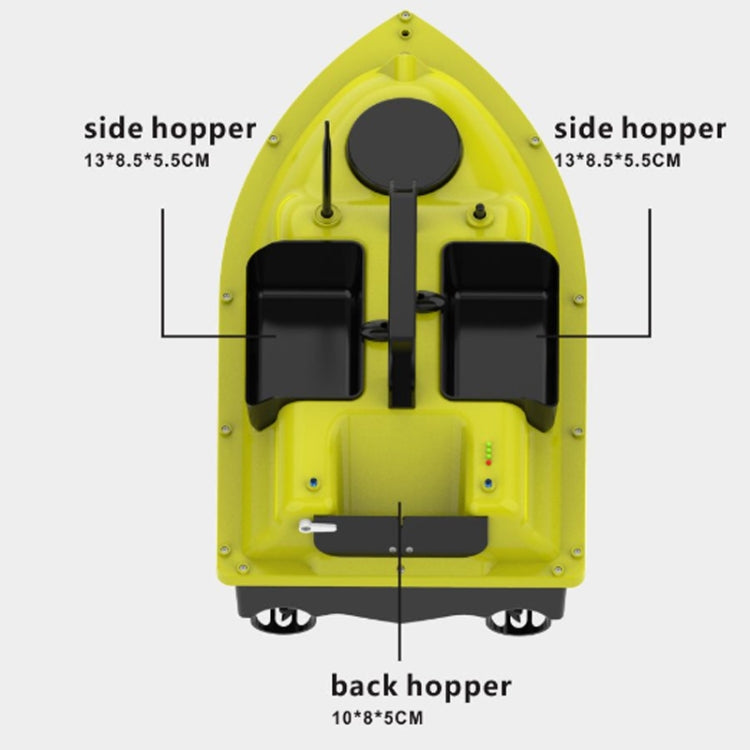 Top view of yellow bait boat with two side hoppers and rear hopper