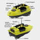 Yellow bait boat side view with left/right hoppers, handle, antenna, and motor