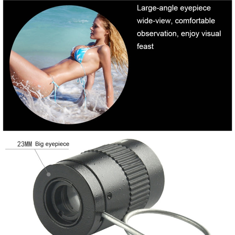 Black mini telescope close-up, ridged focus ring with metal finger loop