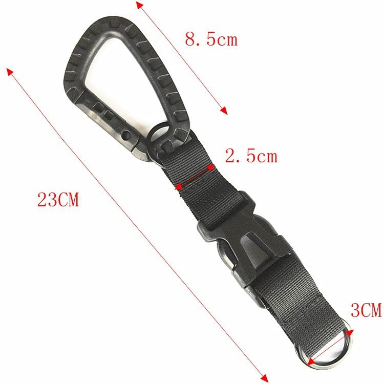 Black tri-glide buckle strap with D-ring and size measurements shown