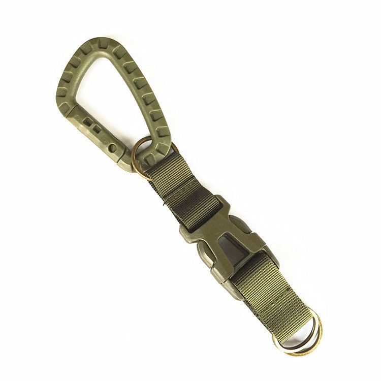 Olive green tri-glide buckle strap with webbing loop and metal D-ring