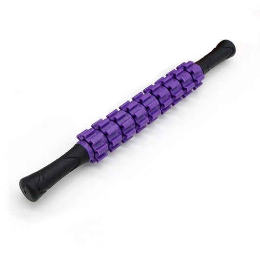 Purple and black massage stick with segmented roller bars and padded end grips