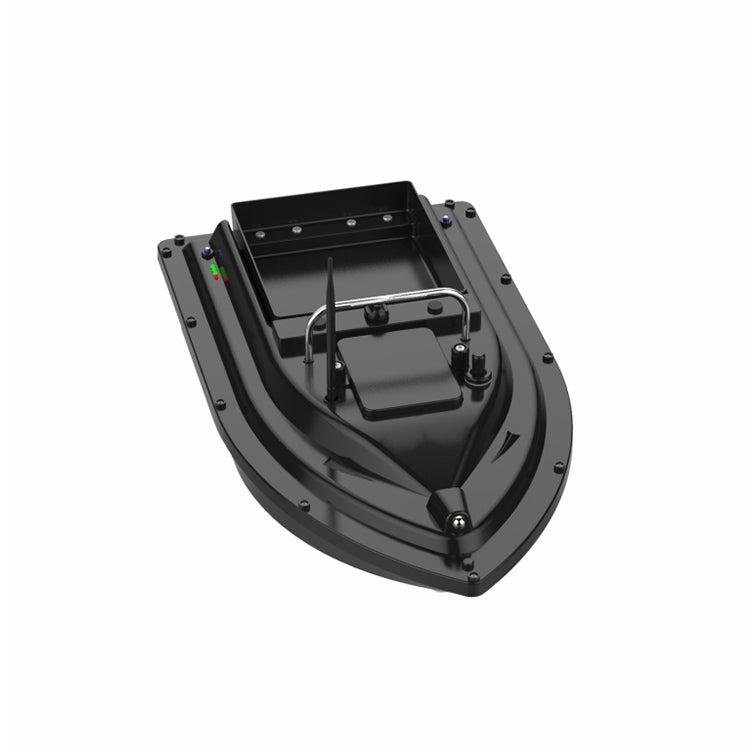 RC bait fishing boat top view with raised hopper and control housing