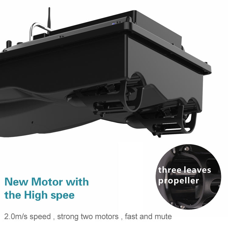 RC bait fishing boat side view with motor housing and propeller assembly