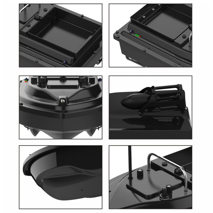 RC bait fishing boat parts collage showing deck, propeller housing, and handle mount