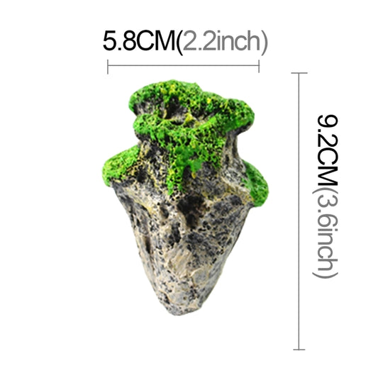 Small 5.8 cm suspended stone aquarium ornament with green moss and gray rock texture
