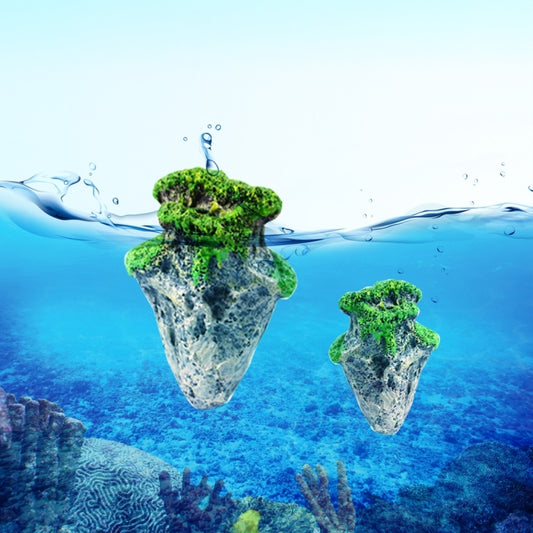 Floating aquarium ornament stones with green moss tops and textured gray rock bases