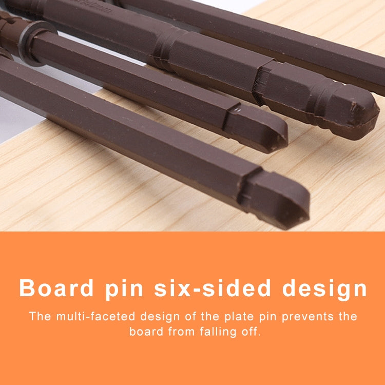Close-up of dark brown concealed board pin with ridged shaft and metal tip