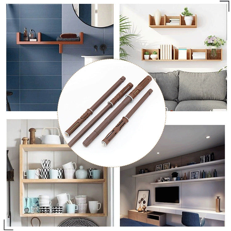 Four brown concealed wall board pins shown together for bookshelf mounting