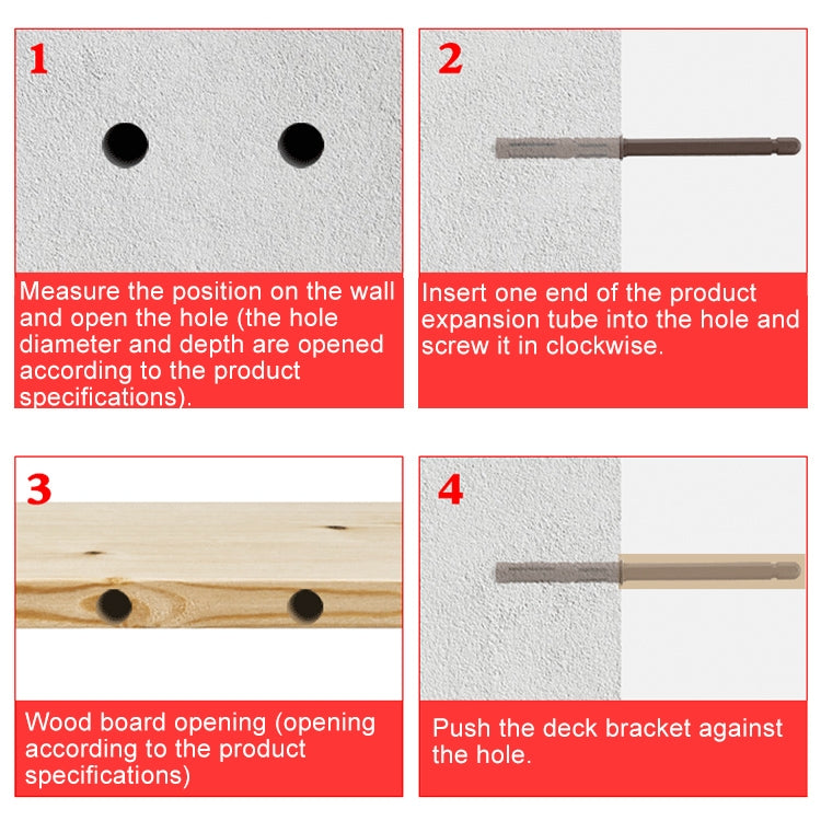 Concealed wall bracket pin installation shown: wall holes and inserted pin