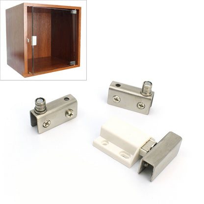 Glass cabinet hinge set with stainless steel clips and door latch hardware, single door