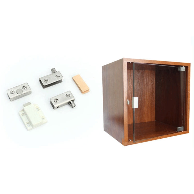 Glass cabinet hardware hinge set with stainless steel clips and plastic latch, single door