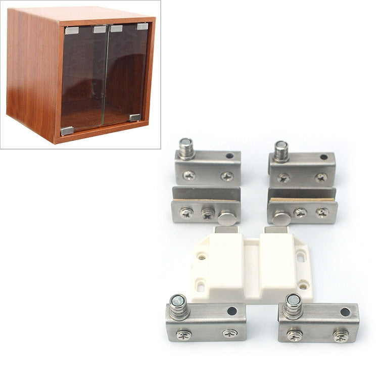 Glass door cabinet hinge set with brushed metal arms and white plastic base clips