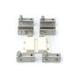 Glass door cabinet hinge set with four metal brackets and white plastic connector pieces