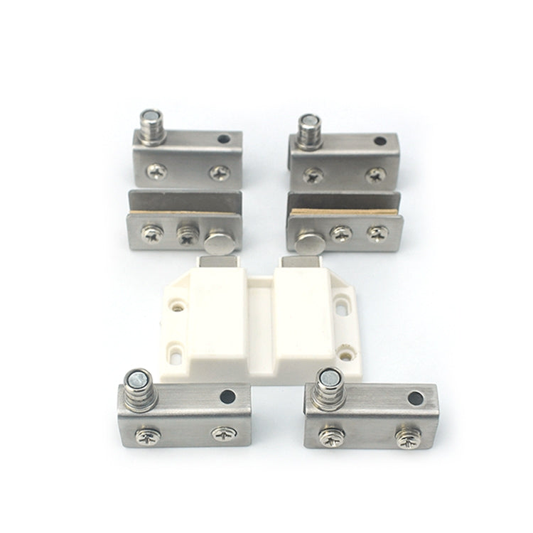 Glass door cabinet hinge set with four metal brackets and white plastic connector pieces