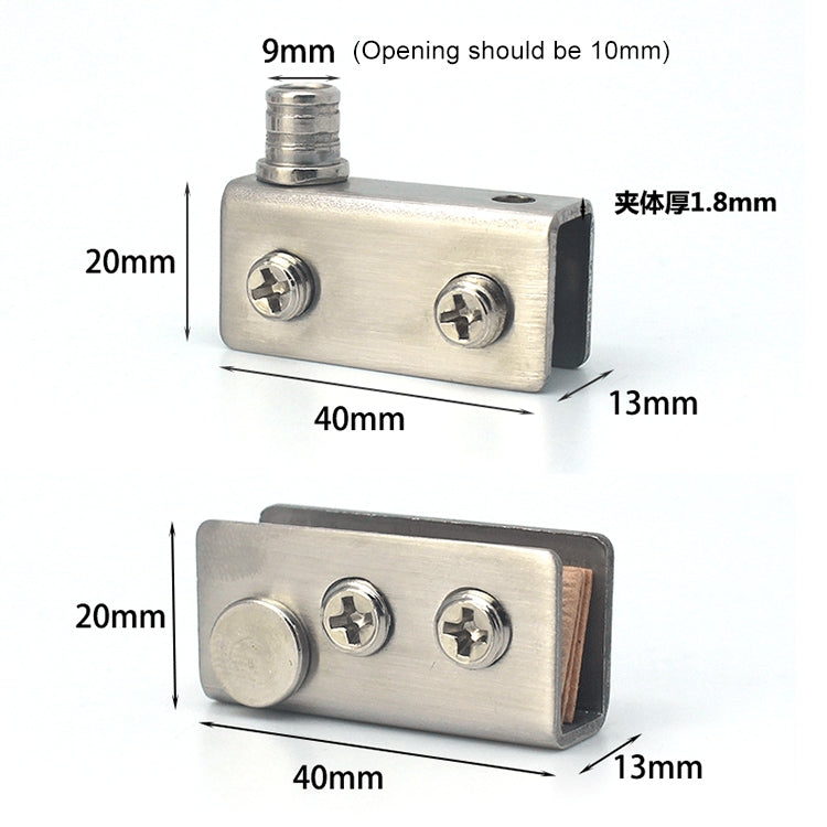 Stainless steel glass door hinge bracket with mounting screws, double-door style