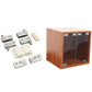 Double glass cabinet hinge set with metal brackets and white plastic hinges, with glass door