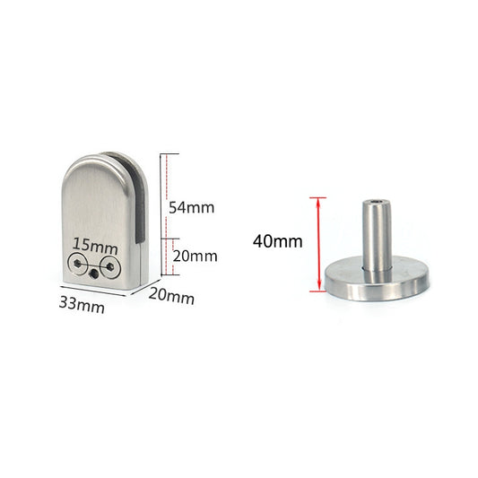 Stainless steel glass support fixing clip with rod, size diagram with 33–54mm