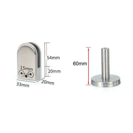 Stainless steel glass support rod clip with base and rod, side and front views