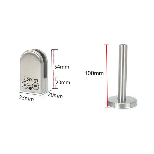 Stainless steel glass support clip with vertical rod, shown with side measurements