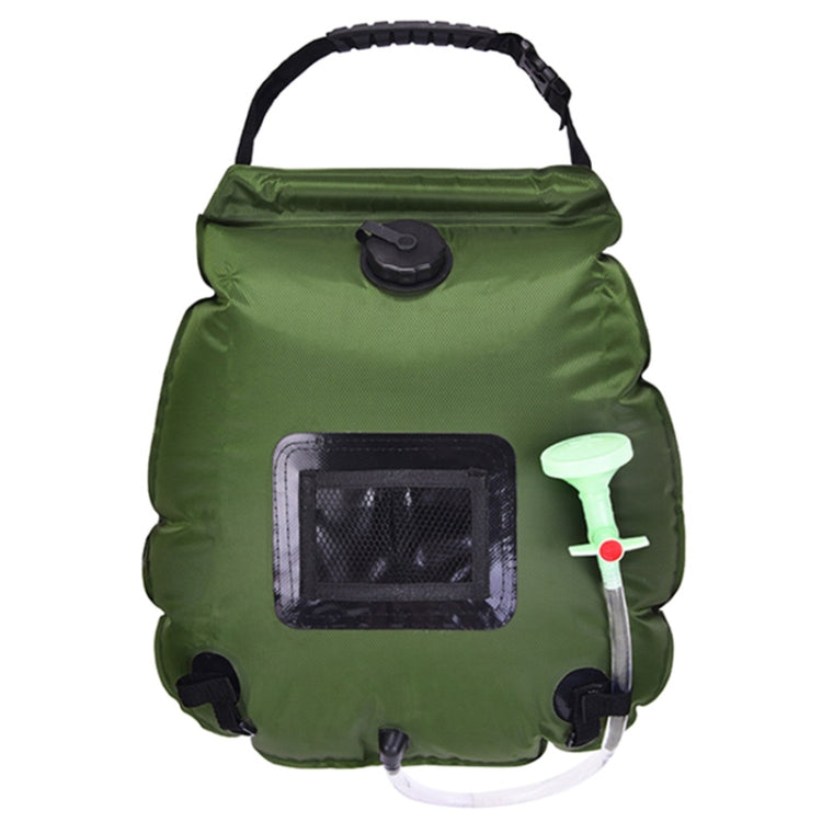 Army green outdoor solar shower bag with front solar window and hanging handle