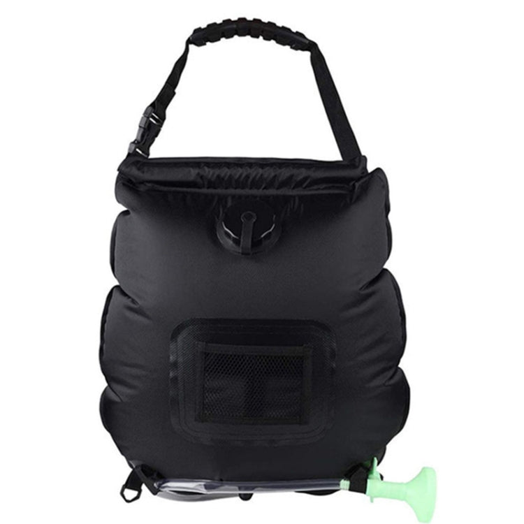 Black outdoor solar shower bag with front solar window and shower hose nozzle