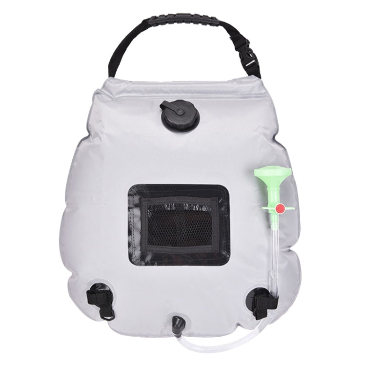 White outdoor solar shower bag with front solar window and shower hose nozzle