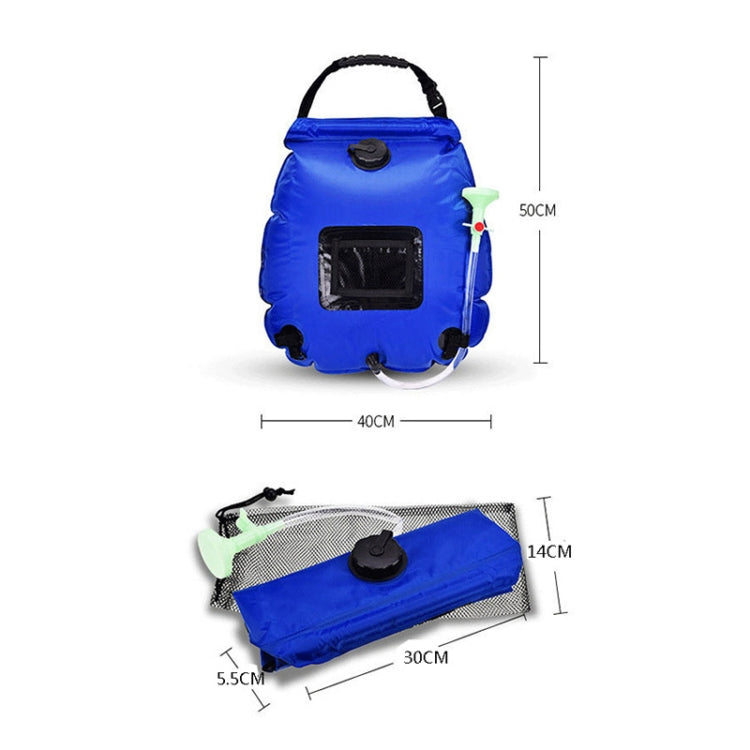 Blue outdoor solar shower bag with front solar window and connected shower valve