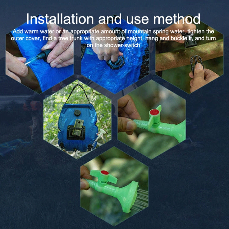 Outdoor solar shower bag with green shower valve and hose connections for installation