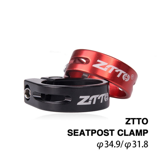 Red and black seatpost clamps with logos; band with bolt holes.