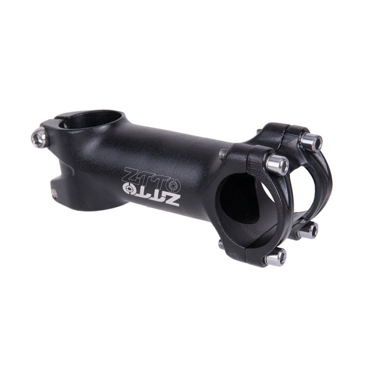 Black bicycle stem clamp, 100mm length, with handlebar mounting bolts