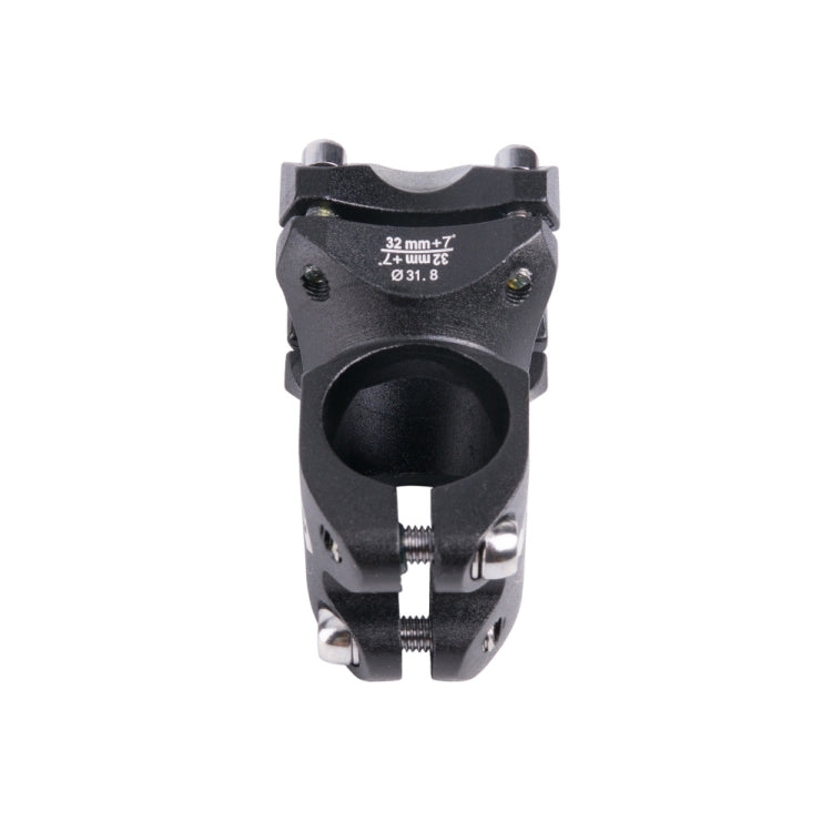 Black bicycle stem faceplate with bolt holes and 31.8mm headset clamp