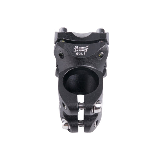 Black bicycle stem faceplate with bolt holes and 31.8mm headset clamp