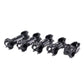 Assorted black bicycle handlebar stems with mounting bolts, multiple lengths
