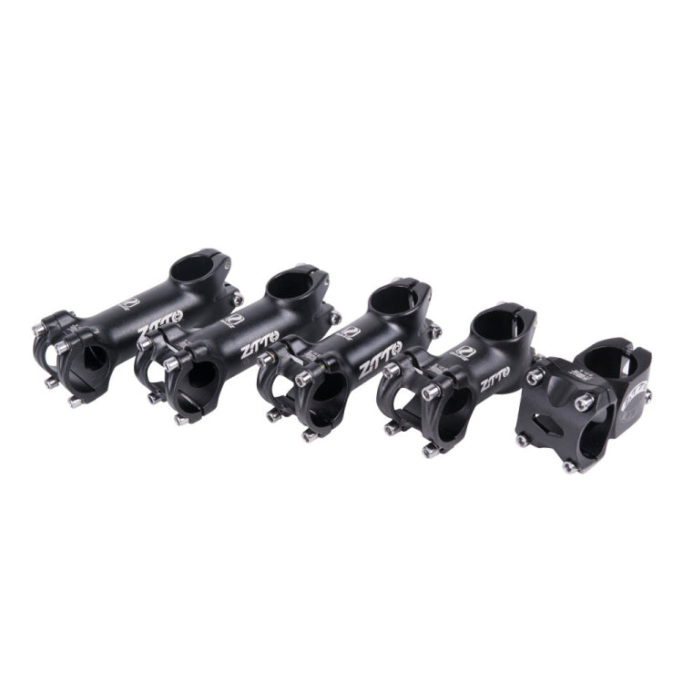 Assorted black bicycle handlebar stems with mounting bolts, multiple lengths