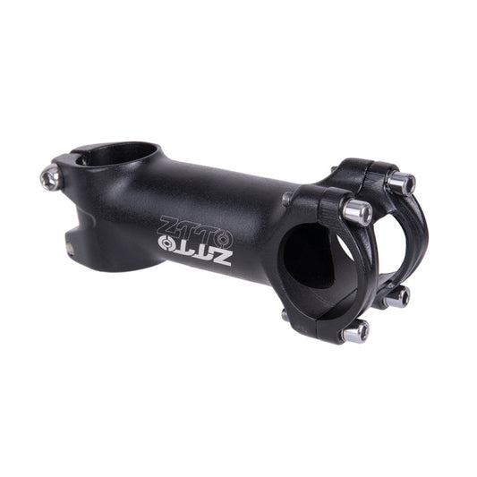 Black bicycle stem clamp, 100mm length, with handlebar mounting bolts