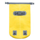 Yellow waterproof dry bag with roll-top closure and dual adjustable shoulder straps.