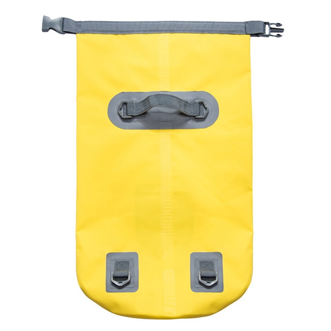 Yellow waterproof dry bag with roll-top closure and dual adjustable shoulder straps.