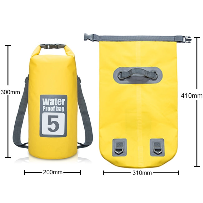 Yellow waterproof dry bag with roll-top closure, dual straps, and side buckle details.