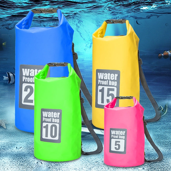 Colored waterproof dry bags set with roll-top closures and shoulder straps.