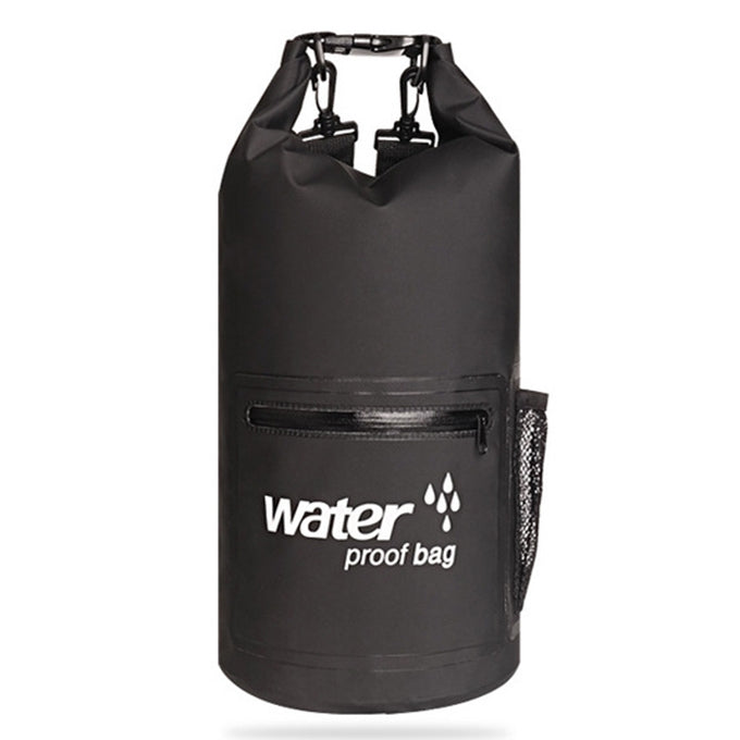 Black waterproof dry sack bag with roll-top buckles, front zip pocket, and mesh side pouch
