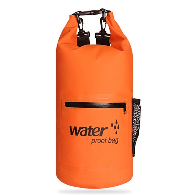 Orange dry bag, dual shoulder straps, roll-top closure and zip pocket