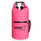 Pink dry bag, dual shoulder straps, roll-top closure and zip pocket