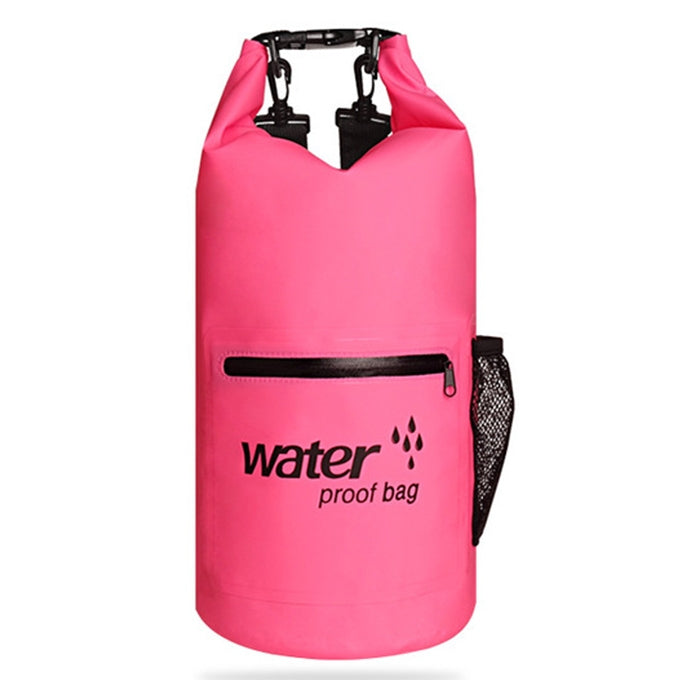 Pink dry bag, dual shoulder straps, roll-top closure and zip pocket