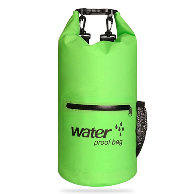 Green dry bag with dual shoulder straps, roll-top closure and zip pocket